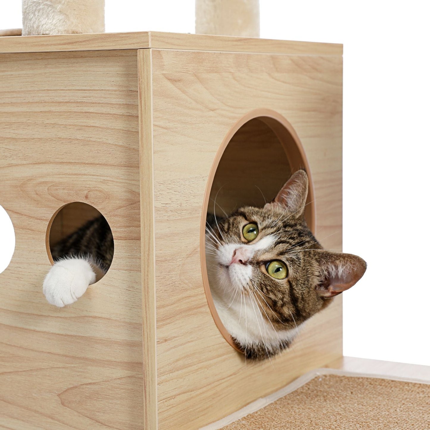 (Do Not Sell on Amazon) Modern Luxury Cat Tree Wooden Multi-Level Cat Tower Cat Sky Castle With 2 Cozy Condos; Cozy Perch; Spacious Hammock And Interactive Dangling Ball