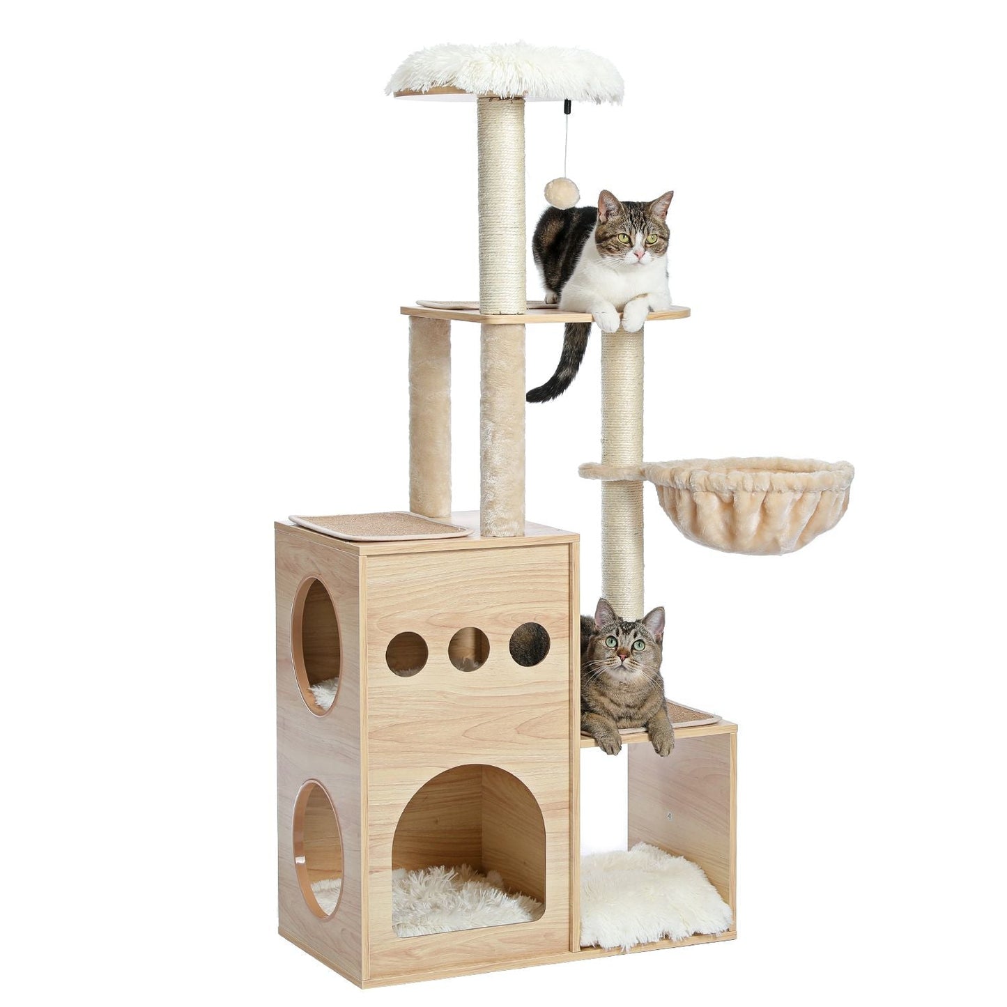 (Do Not Sell on Amazon) Modern Luxury Cat Tree Wooden Multi-Level Cat Tower Cat Sky Castle With 2 Cozy Condos; Cozy Perch; Spacious Hammock And Interactive Dangling Ball